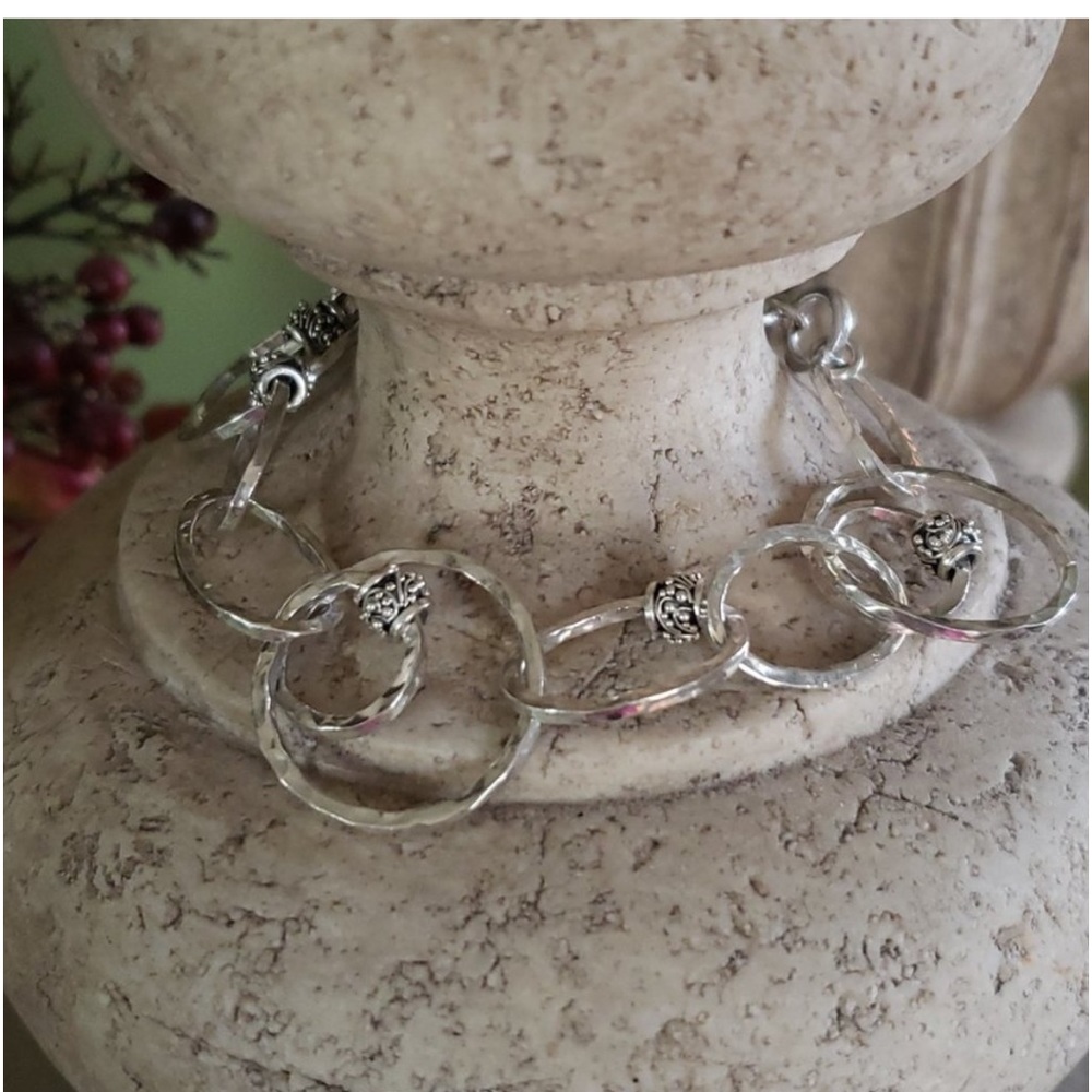 Lois Hill Hammered Sterling Silver Oval/Circle Link Bracelet w/Granulation Beads